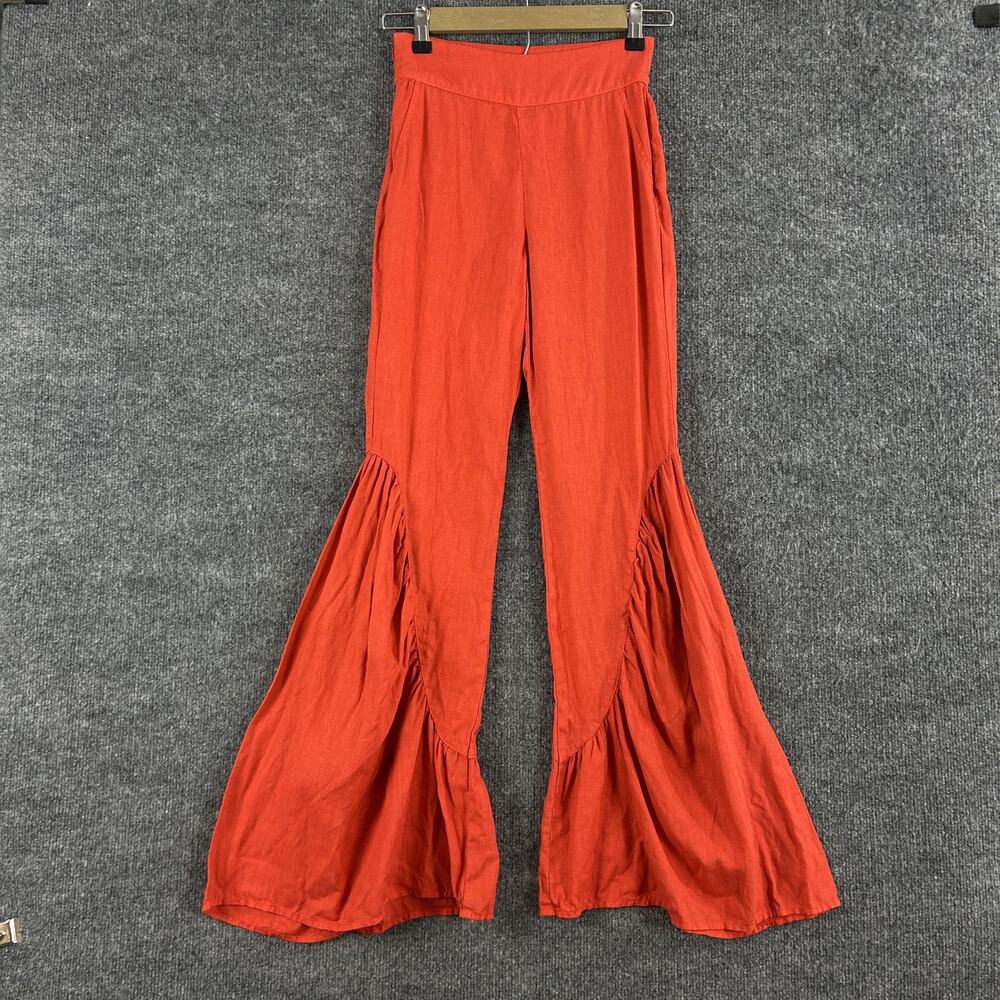 Lanhtropy Pants XS Gypsy Linen Flare Ruffle High Waist Orange Boho Hippie
